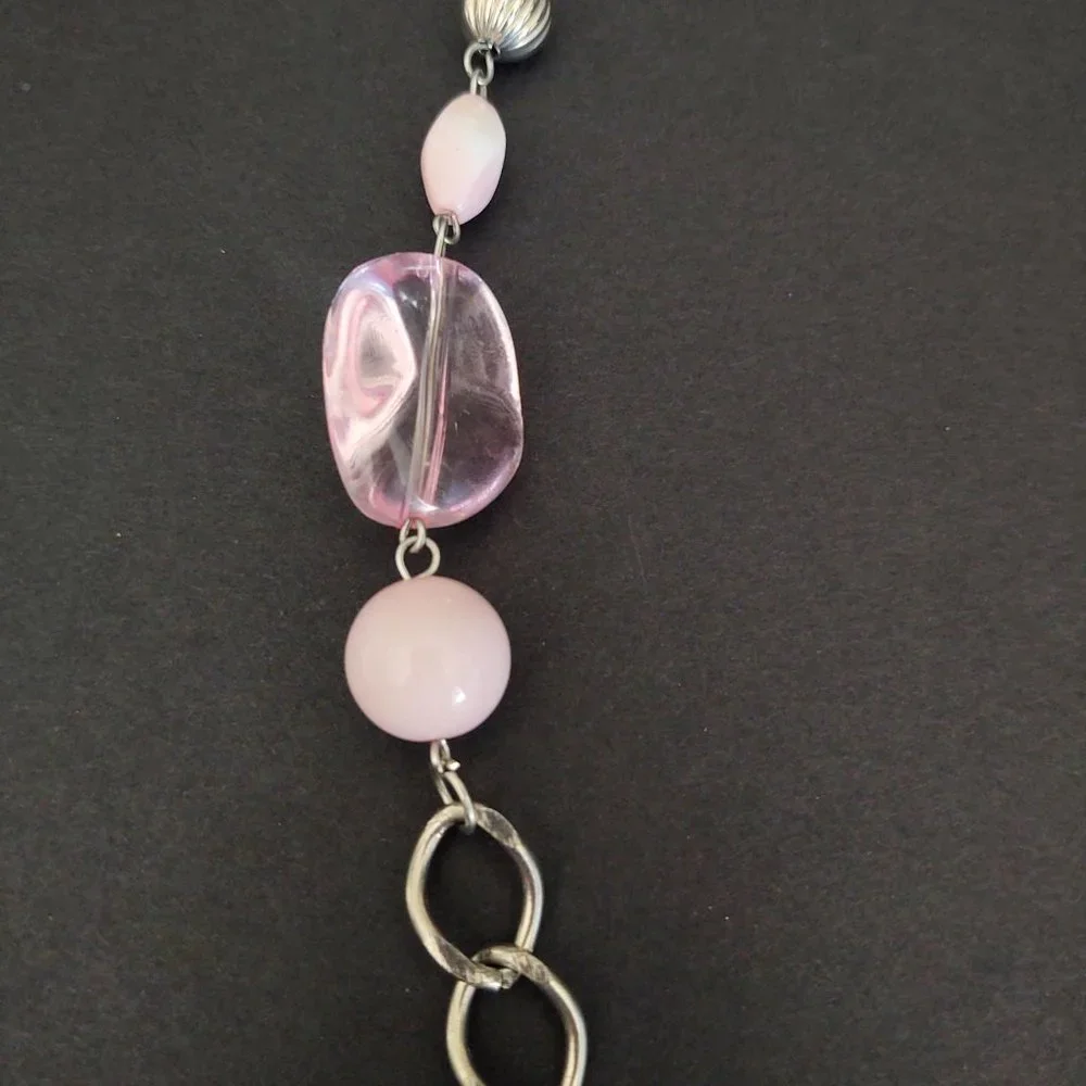 Long silver chain necklace with pink beads